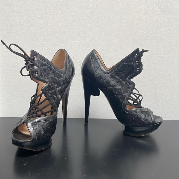 Nicholas Kirkwood Pony Hair Leather Platform Heel Black Lace Up Open Toe 7.5 - Picture 2 of 16